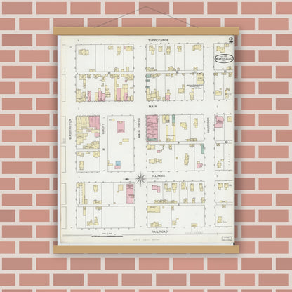 Old map wall art mockup — magnetic wood frame on brick wall — Sanborn Fire Insurance Map from Monticello, White County, Indiana (1893), Sheet #0002