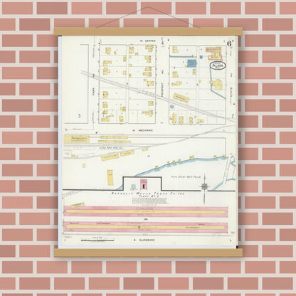 Old map wall art mockup — magnetic wood frame on brick wall — Sanborn Fire Insurance Map from Alma, Gratiot County, Michigan (1917), Sheet #0006