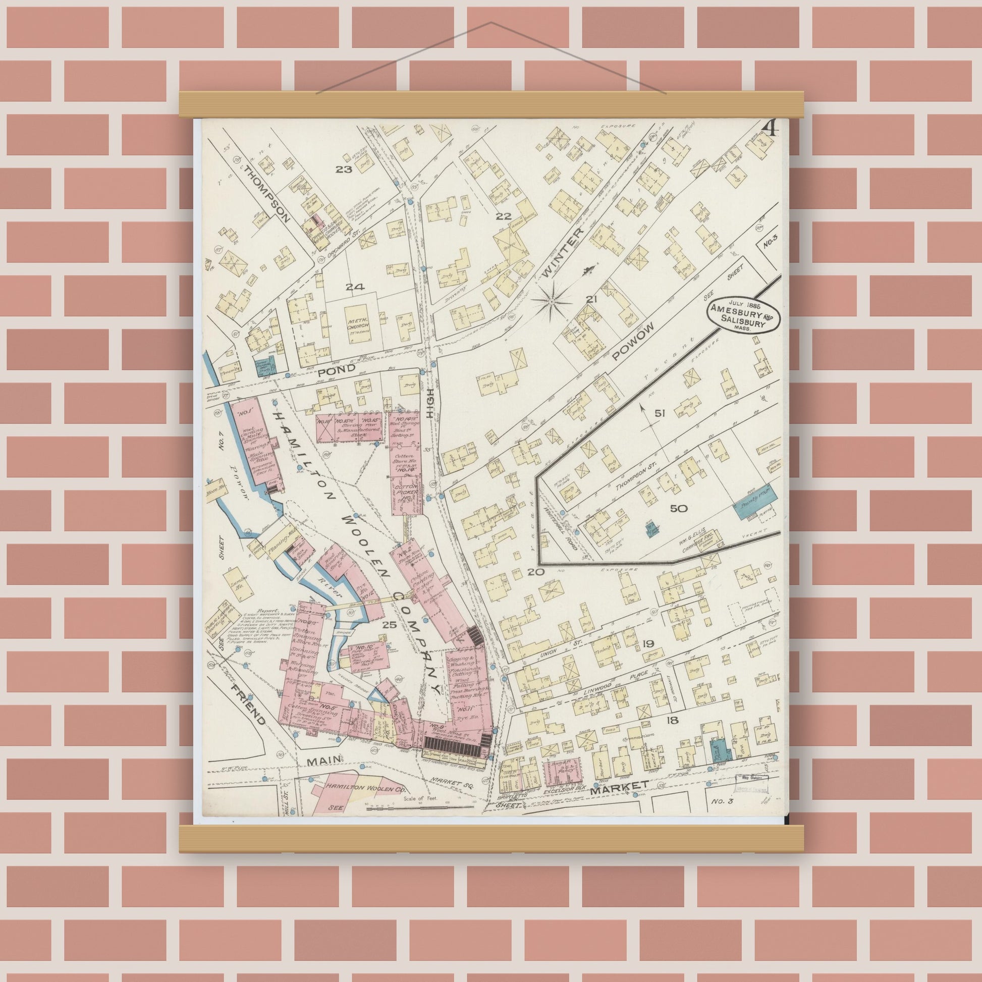 Old map wall art mockup — magnetic wood frame on brick wall — Sanborn Fire Insurance Map from Amesbury, Essex County, Massachusetts (1885), Sheet #0004