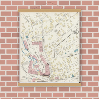 Old map wall art mockup — magnetic wood frame on brick wall — Sanborn Fire Insurance Map from Amesbury, Essex County, Massachusetts (1885), Sheet #0004