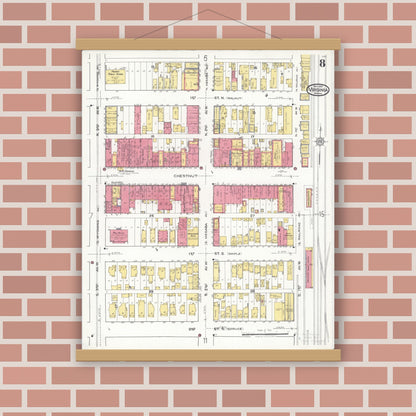 Old map wall art mockup — magnetic wood frame on brick wall — Sanborn Fire Insurance Map from Virginia, Saint Louis County, Minnesota (1921), Sheet #0008