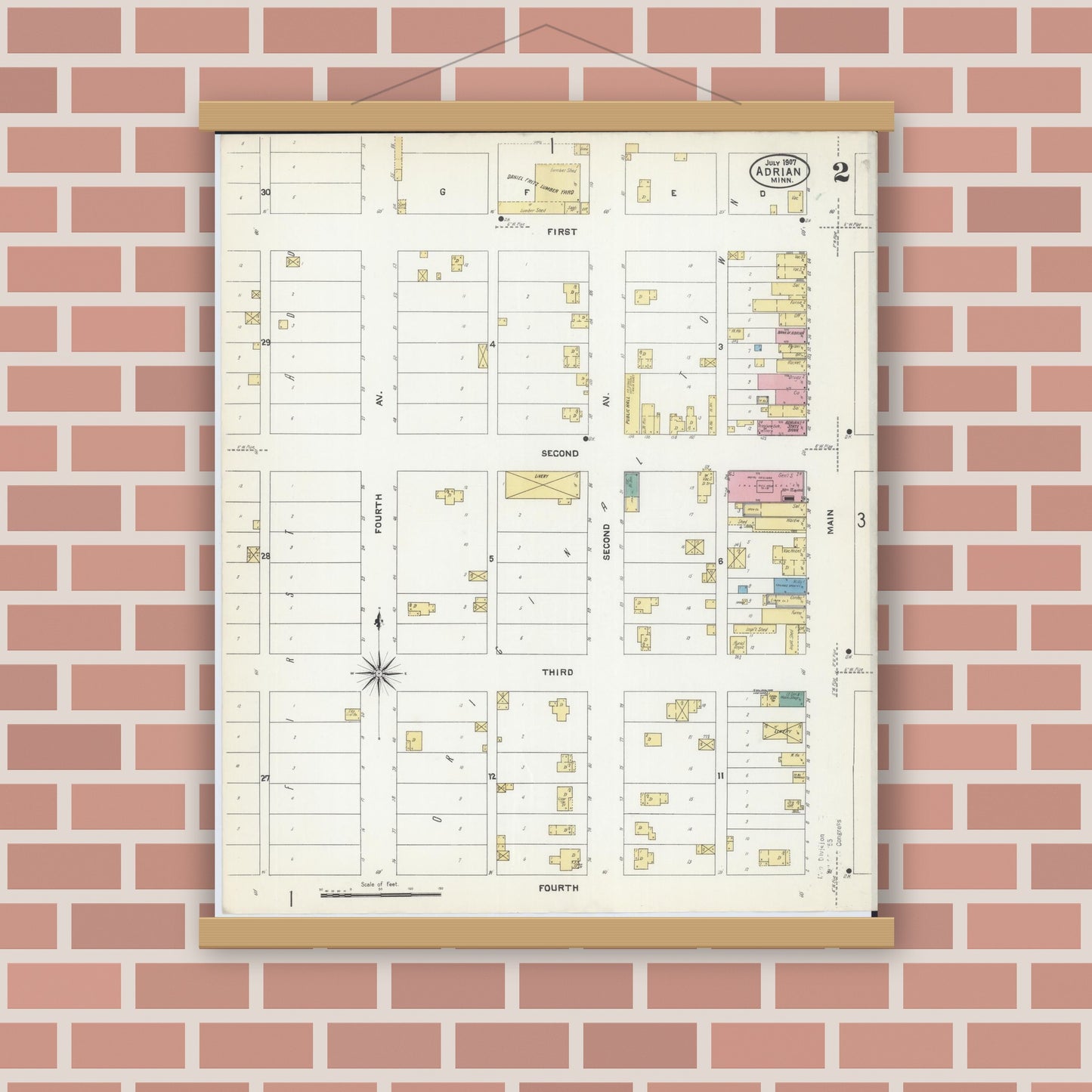 Old map wall art mockup — magnetic wood frame on brick wall — Sanborn Fire Insurance Map from Adrian, Nobles County, Minnesota (1907), Sheet #0002
