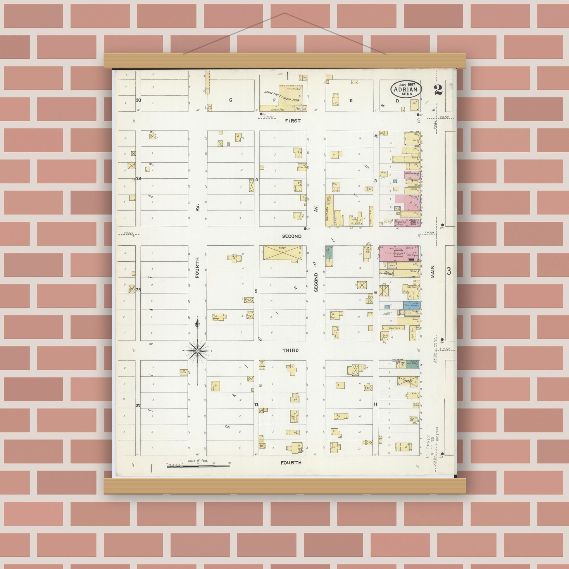 Old map wall art mockup — magnetic wood frame on brick wall — Sanborn Fire Insurance Map from Adrian, Nobles County, Minnesota (1907), Sheet #0002