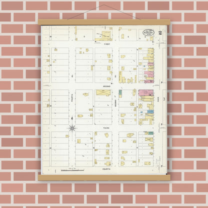 Old map wall art mockup — magnetic wood frame on brick wall — Sanborn Fire Insurance Map from Adrian, Nobles County, Minnesota (1907), Sheet #0002