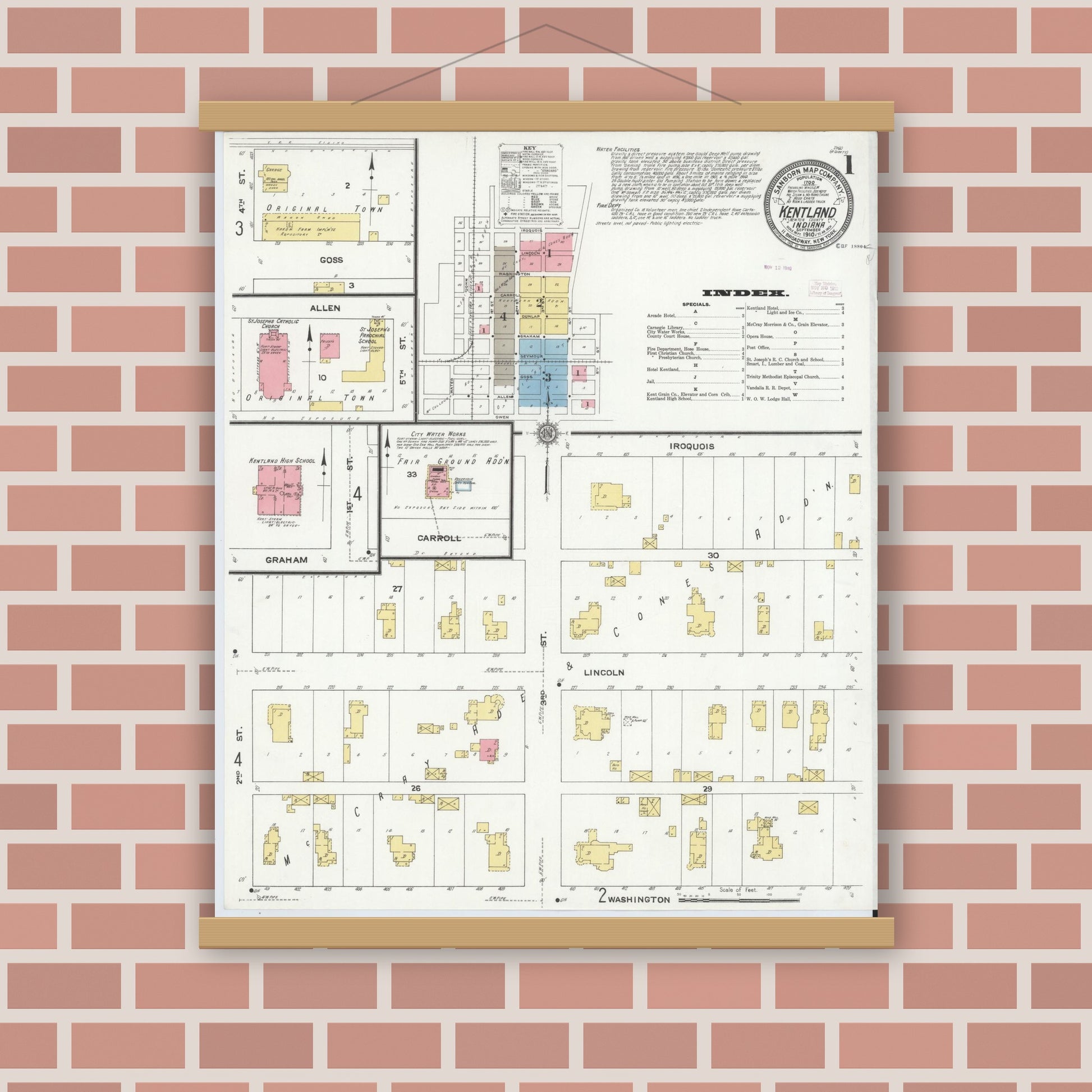 Old map wall art mockup — magnetic wood frame on brick wall — Sanborn Fire Insurance Map from Kentland, Newton County, Indiana (1910) - Complete Map Set