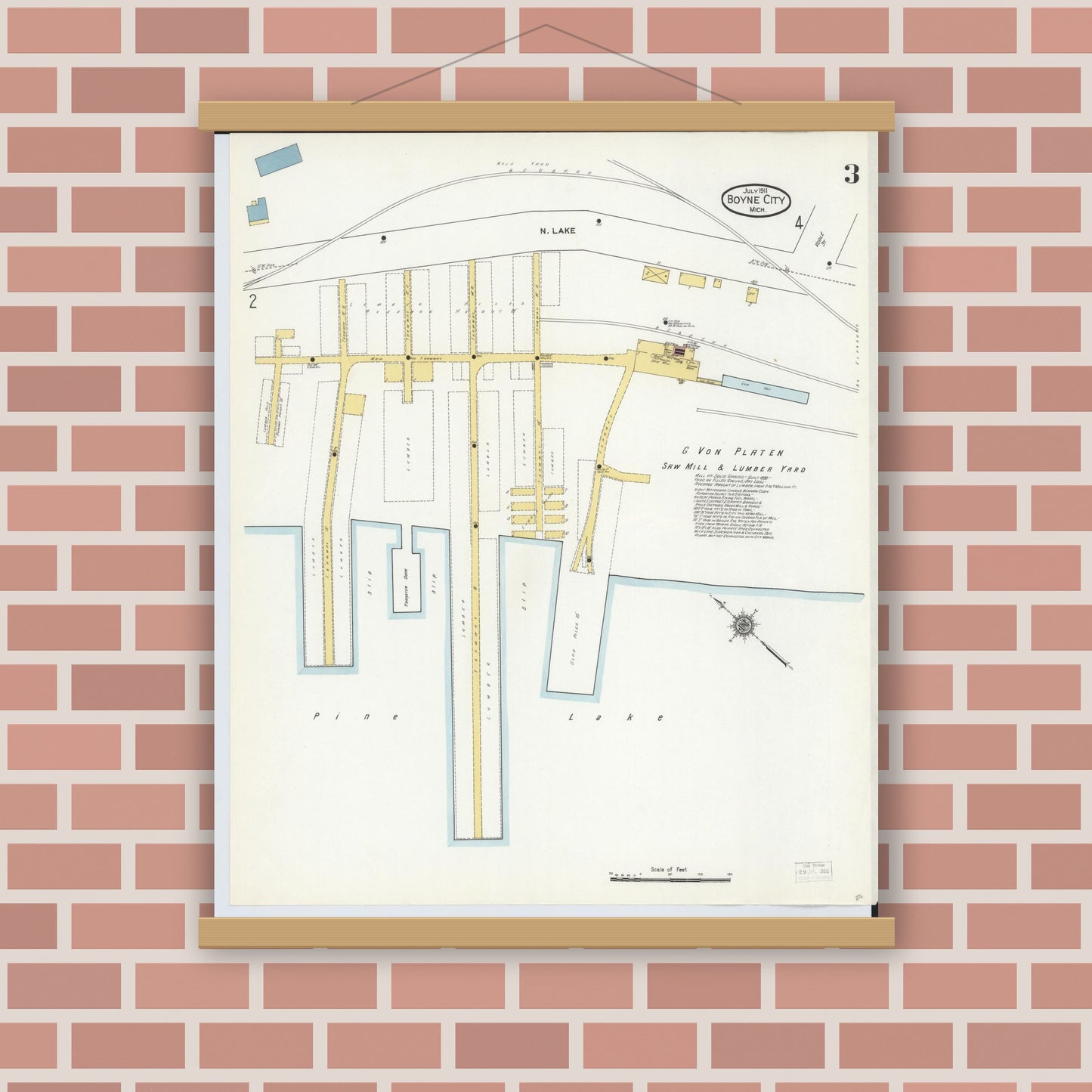 Old map wall art mockup — magnetic wood frame on brick wall — Sanborn Fire Insurance Map from Boyne City, Charlevoix County, Michigan (1911), Sheet #0003