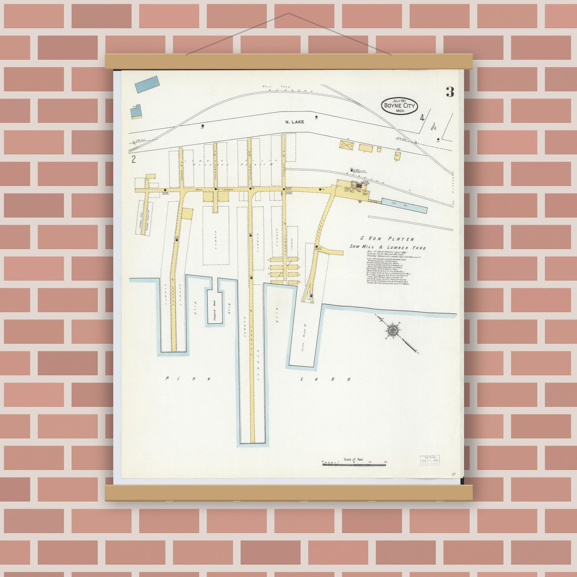 Old map wall art mockup — magnetic wood frame on brick wall — Sanborn Fire Insurance Map from Boyne City, Charlevoix County, Michigan (1911), Sheet #0003