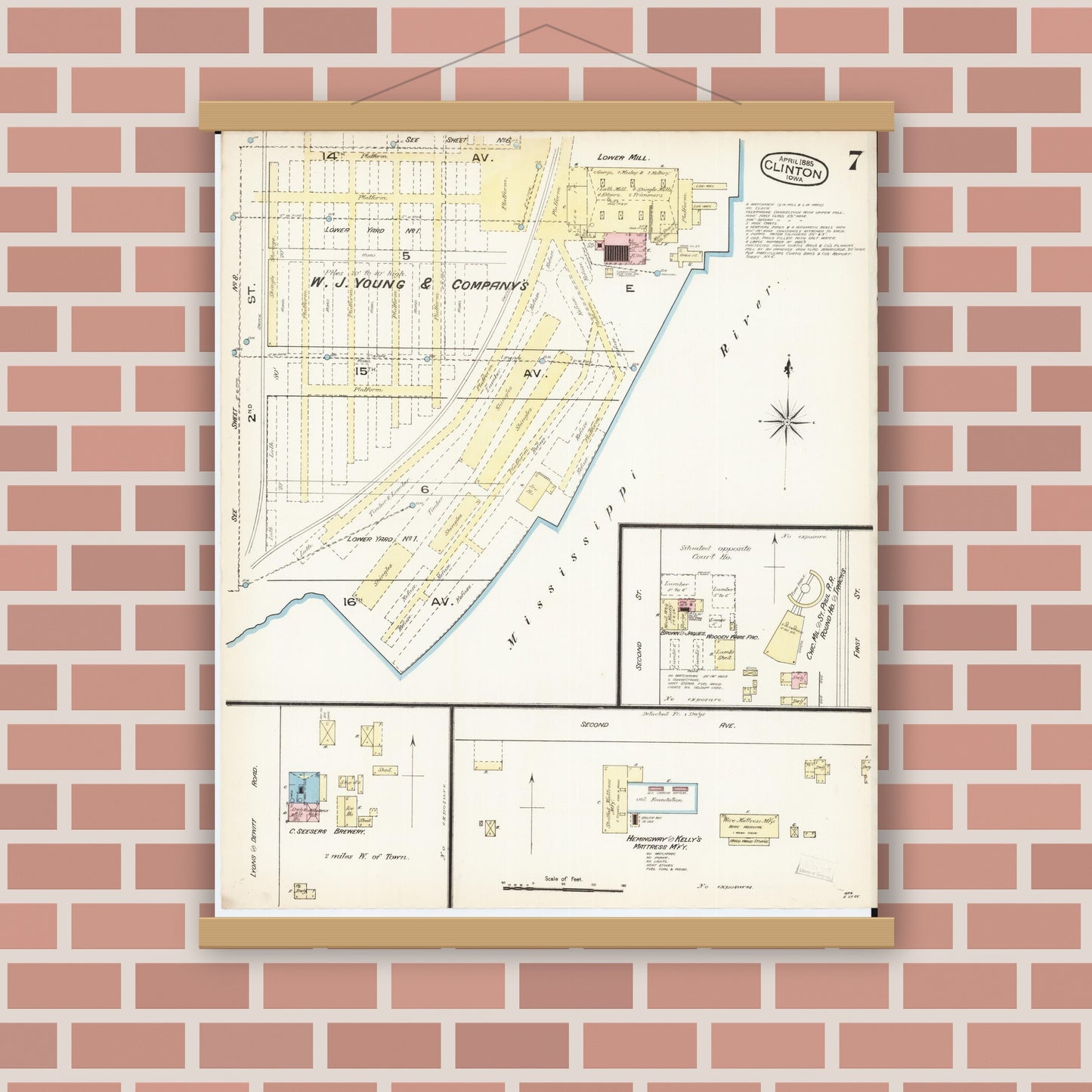 Old map wall art mockup — magnetic wood frame on brick wall — Sanborn Fire Insurance Map from Clinton, Clinton County, Iowa (1885), Sheet #0007