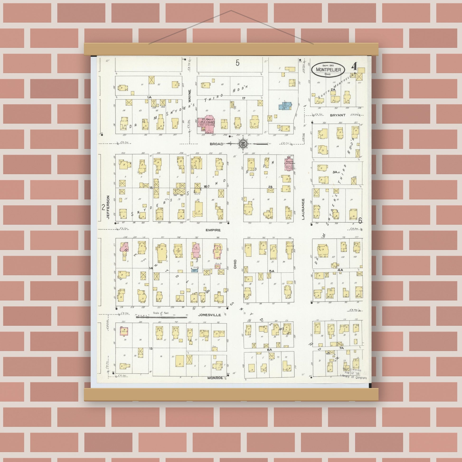 Old map wall art mockup — magnetic wood frame on brick wall — Sanborn Fire Insurance Map from Montpelier, Williams County, Ohio (1910), Sheet #0004