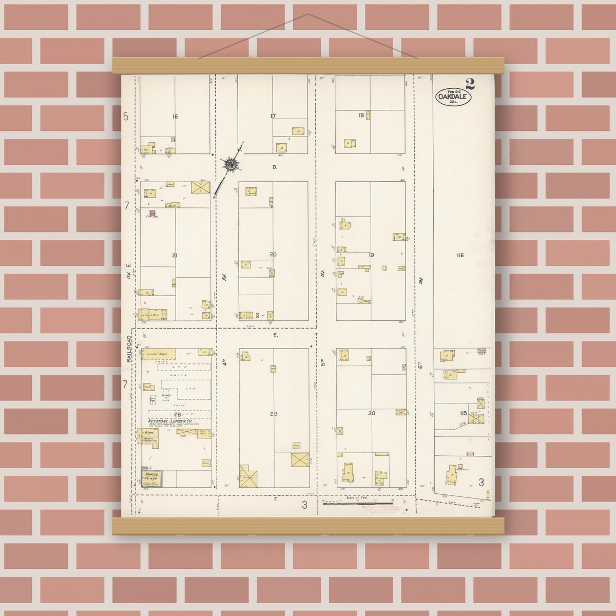 Old map wall art mockup — magnetic wood frame on brick wall — Sanborn Fire Insurance Map from Oakdale, Stanislaus County, California (1912), Sheet #0002