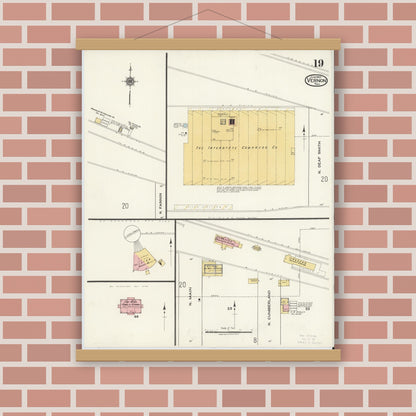 Old map wall art mockup — magnetic wood frame on brick wall — Sanborn Fire Insurance Map from Vernon, Wilbarger County, Texas (1920), Sheet #0019