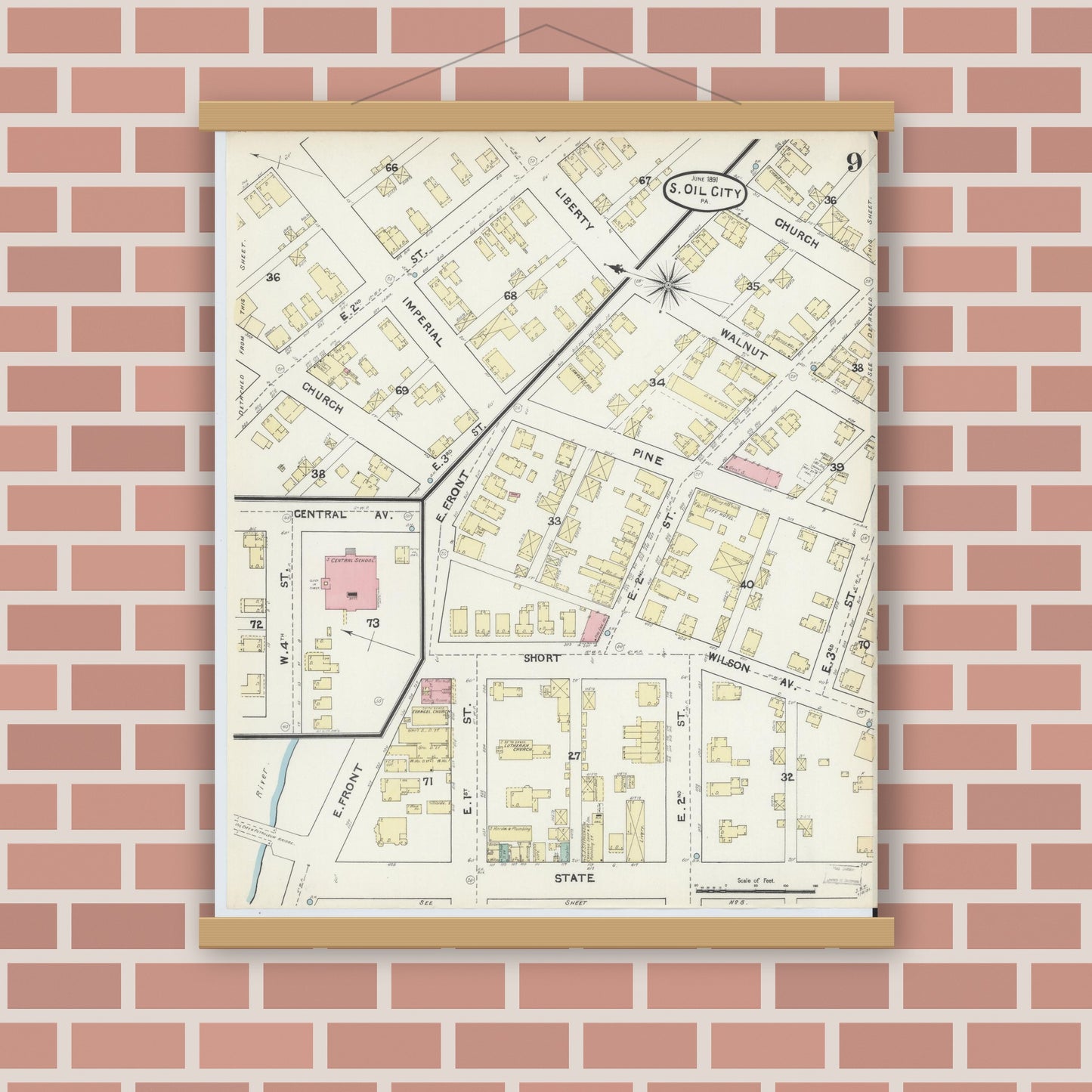 Old map wall art mockup — magnetic wood frame on brick wall — Sanborn Fire Insurance Map from Oil City, Venango County, Pennsylvania (1891), Sheet #0009