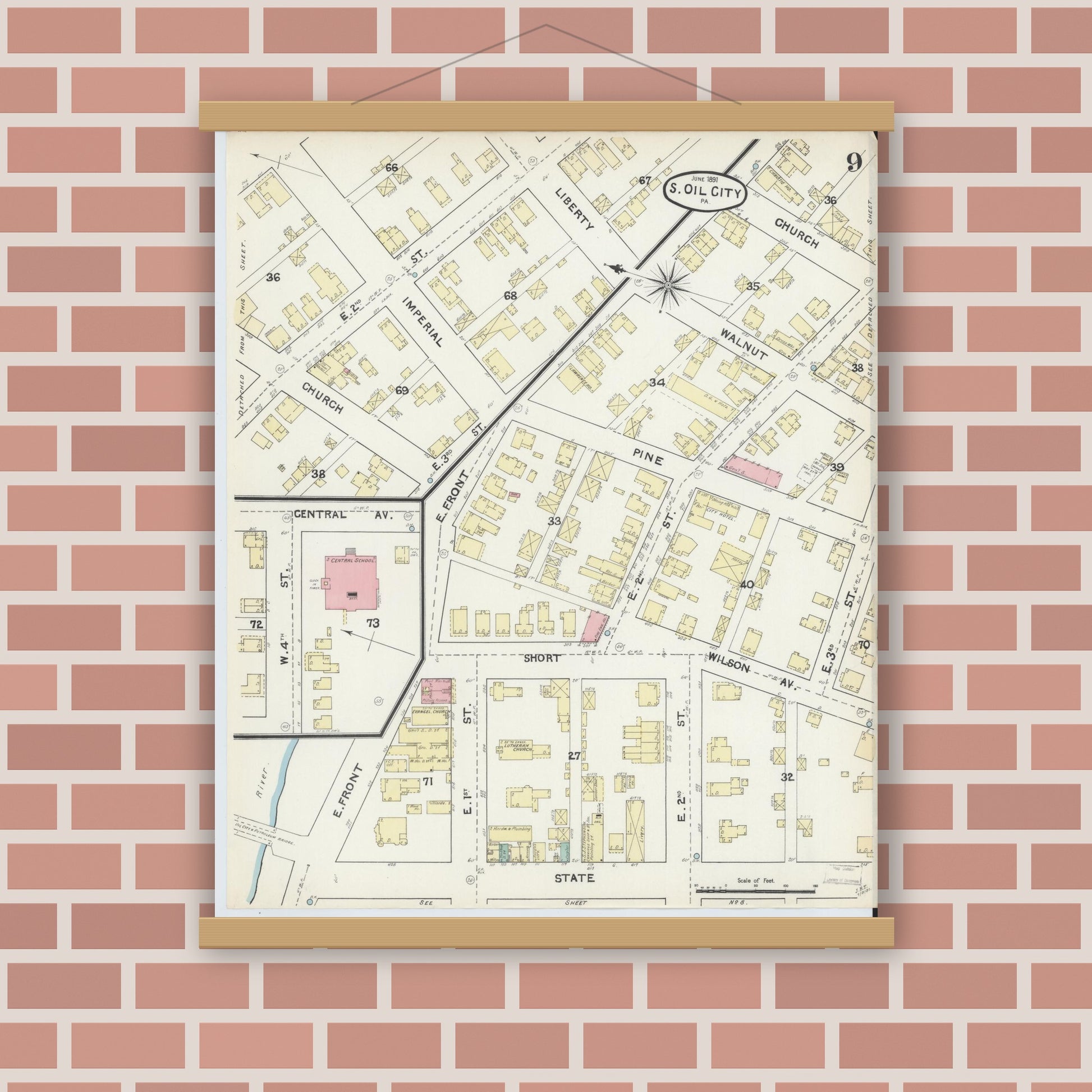 Old map wall art mockup — magnetic wood frame on brick wall — Sanborn Fire Insurance Map from Oil City, Venango County, Pennsylvania (1891), Sheet #0009
