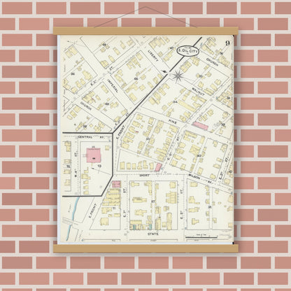 Old map wall art mockup — magnetic wood frame on brick wall — Sanborn Fire Insurance Map from Oil City, Venango County, Pennsylvania (1891), Sheet #0009