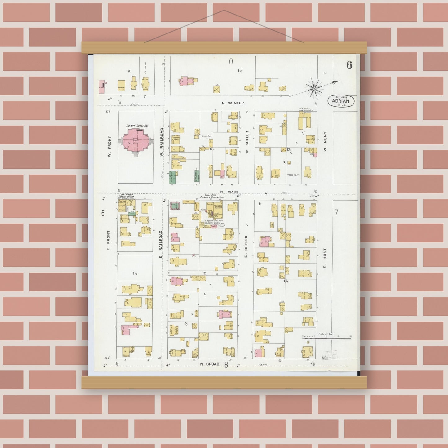 Old map wall art mockup — magnetic wood frame on brick wall — Sanborn Fire Insurance Map from Adrian, Lenawee County, Michigan (1899), Sheet #0006