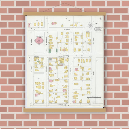 Old map wall art mockup — magnetic wood frame on brick wall — Sanborn Fire Insurance Map from Adrian, Lenawee County, Michigan (1899), Sheet #0006