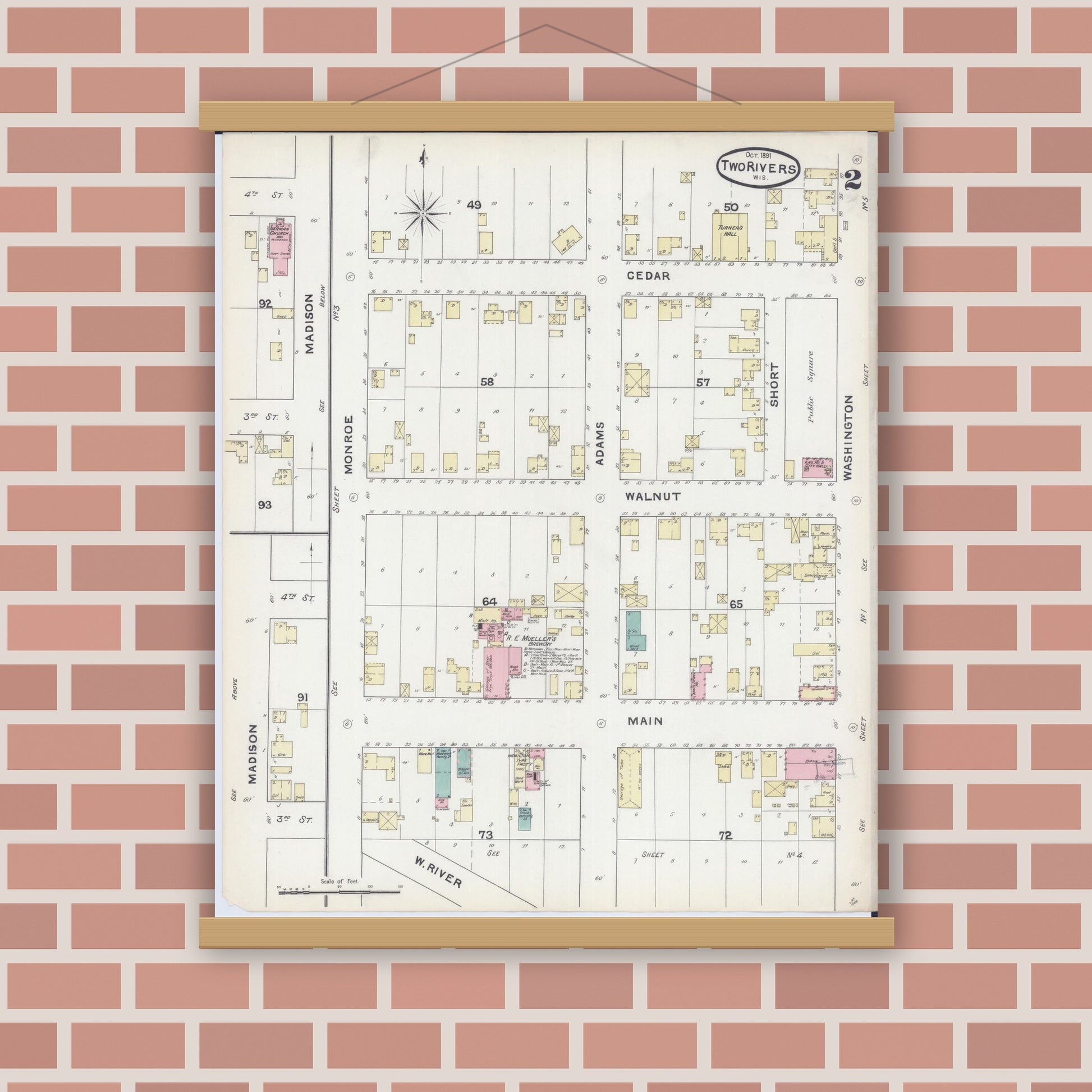 Old map wall art mockup — magnetic wood frame on brick wall — Sanborn Fire Insurance Map from Two Rivers, Manitowoc County, Wisconsin (1891), Sheet #0002