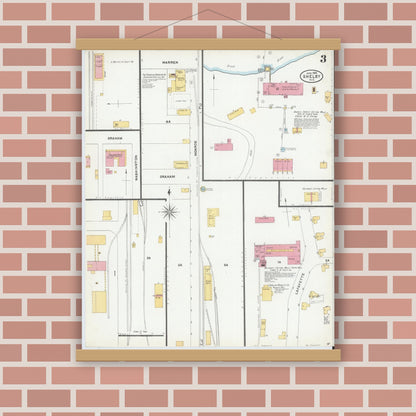 Old map wall art mockup — magnetic wood frame on brick wall — Sanborn Fire Insurance Map from Shelby, Cleveland County, North Carolina (1905), Sheet #0003