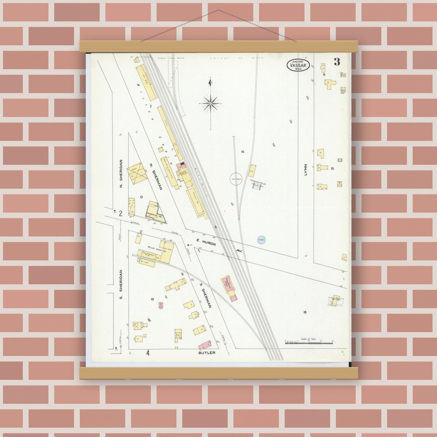 Old map wall art mockup — magnetic wood frame on brick wall — Sanborn Fire Insurance Map from Vassar, Tuscola County, Michigan (1909), Sheet #0003