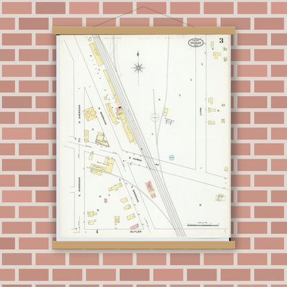 Old map wall art mockup — magnetic wood frame on brick wall — Sanborn Fire Insurance Map from Vassar, Tuscola County, Michigan (1909), Sheet #0003