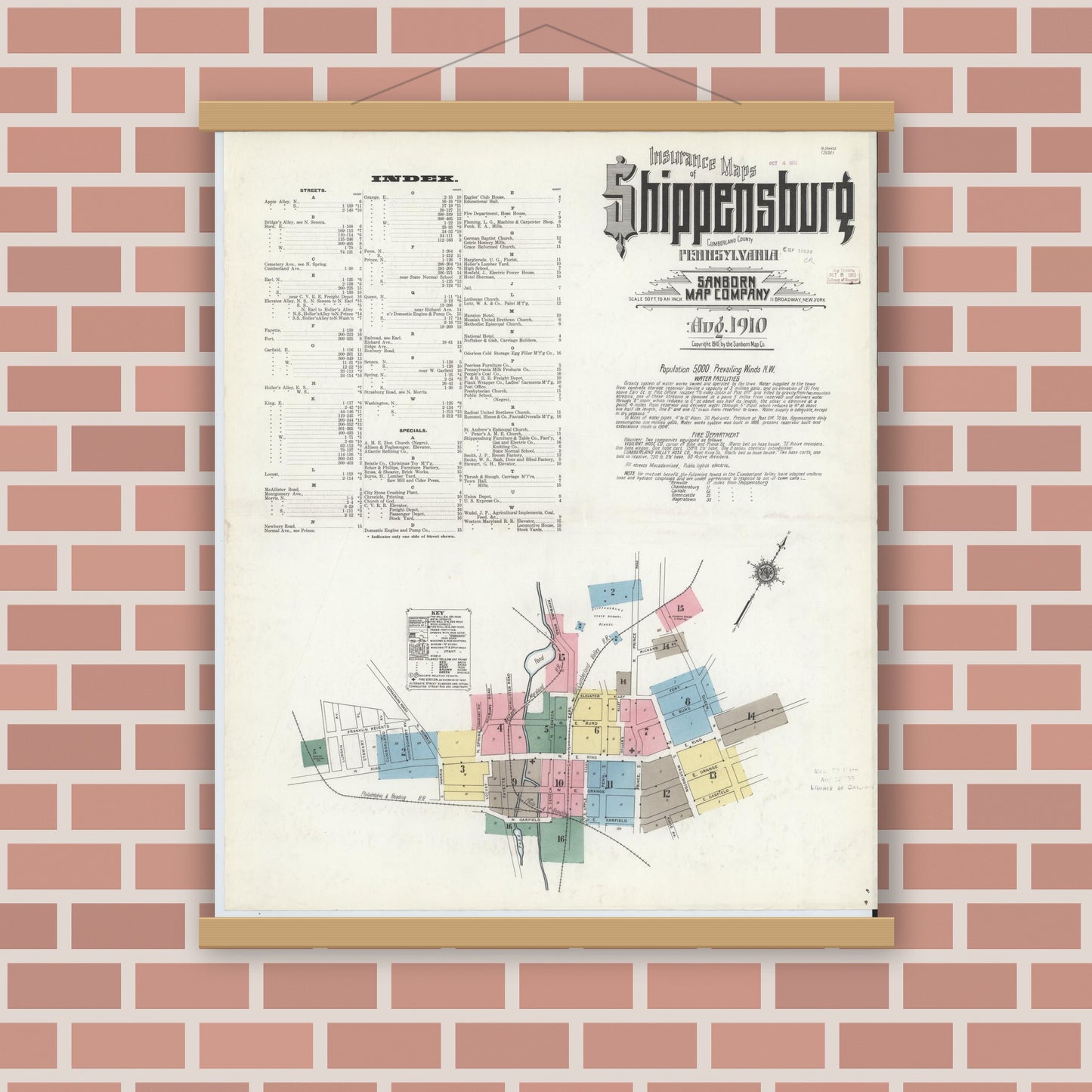 Old map wall art mockup — magnetic wood frame on brick wall — Sanborn Fire Insurance Map from Shippensburg, Cumberland And Franklin Counties, Pennsylvania (1910) - Complete Map Set