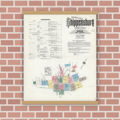 Old map wall art mockup — magnetic wood frame on brick wall — Sanborn Fire Insurance Map from Shippensburg, Cumberland And Franklin Counties, Pennsylvania (1910) - Complete Map Set