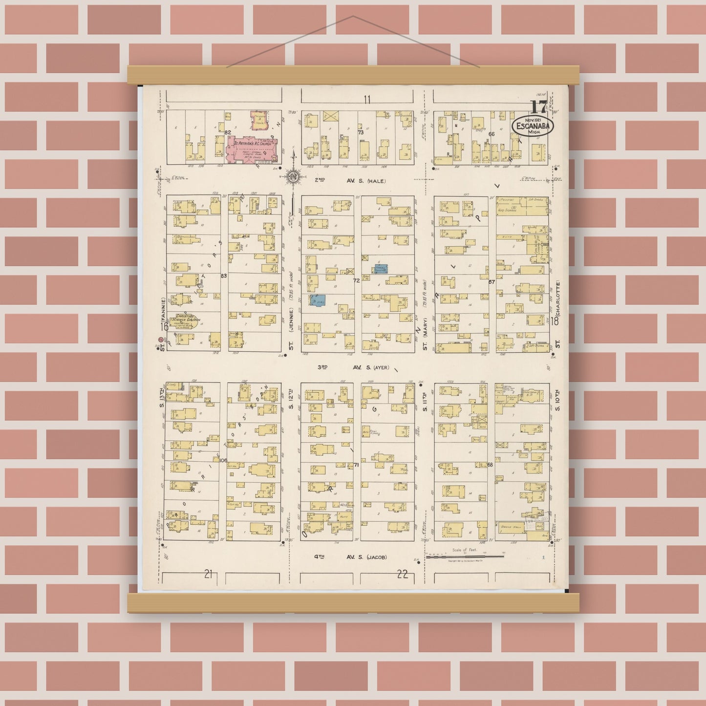 Old map wall art mockup — magnetic wood frame on brick wall — Sanborn Fire Insurance Map from Escanaba, Delta County, Michigan (1921), Sheet #0017