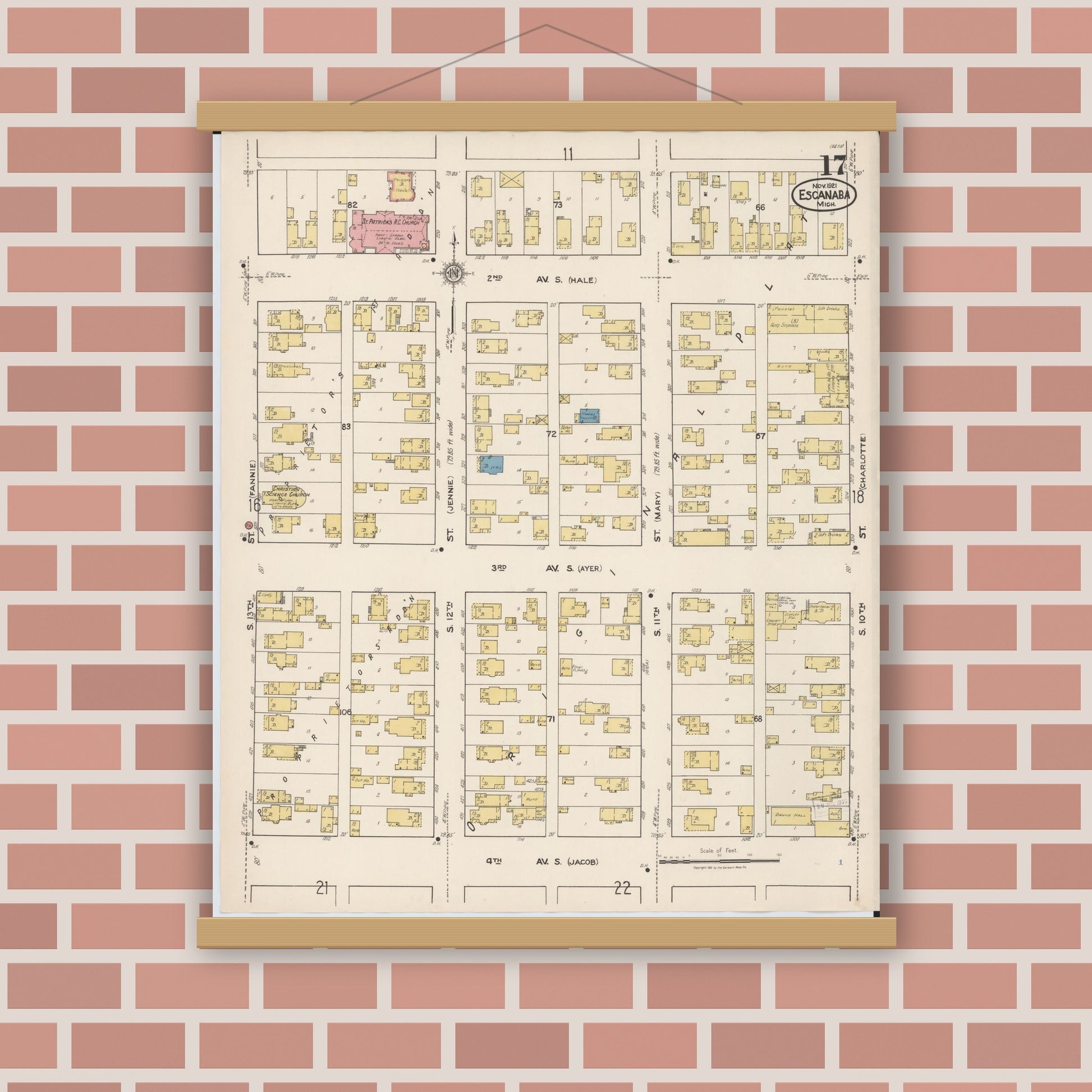 Old map wall art mockup — magnetic wood frame on brick wall — Sanborn Fire Insurance Map from Escanaba, Delta County, Michigan (1921), Sheet #0017
