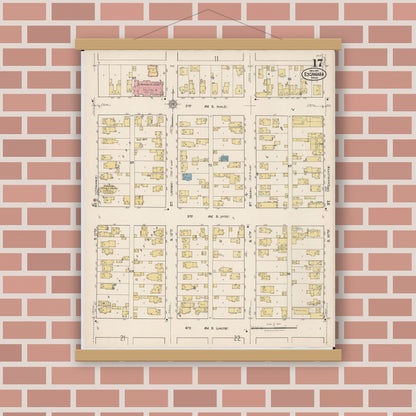 Old map wall art mockup — magnetic wood frame on brick wall — Sanborn Fire Insurance Map from Escanaba, Delta County, Michigan (1921), Sheet #0017
