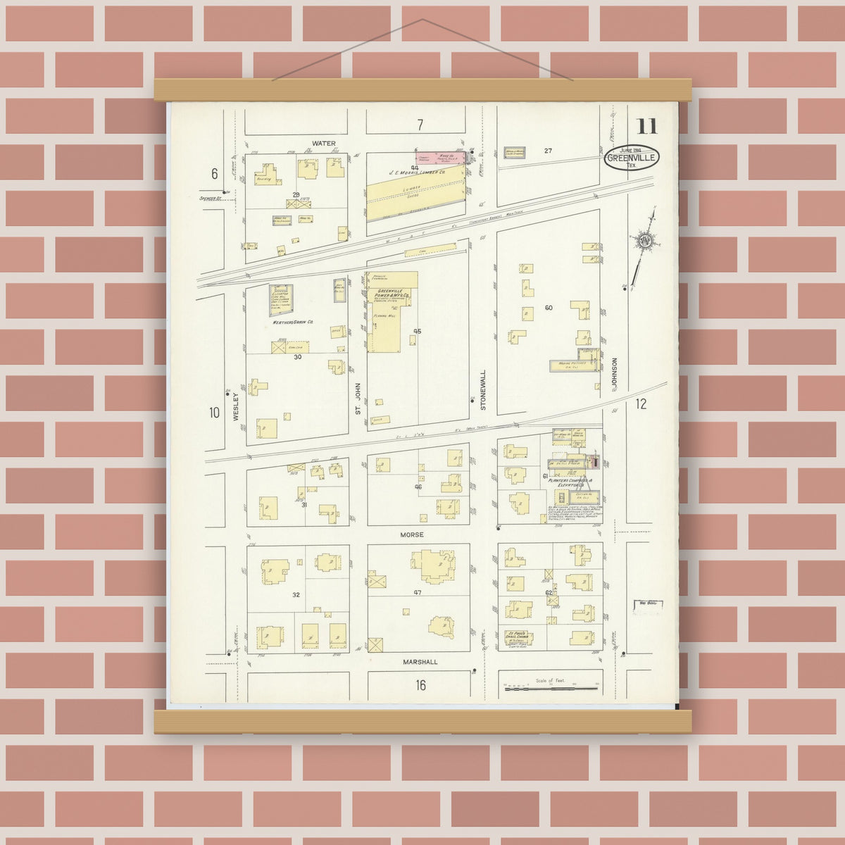 Old map wall art mockup — magnetic wood frame on brick wall — Sanborn Fire Insurance Map from Greenville, Hunt County, Texas (1914), Sheet #0011