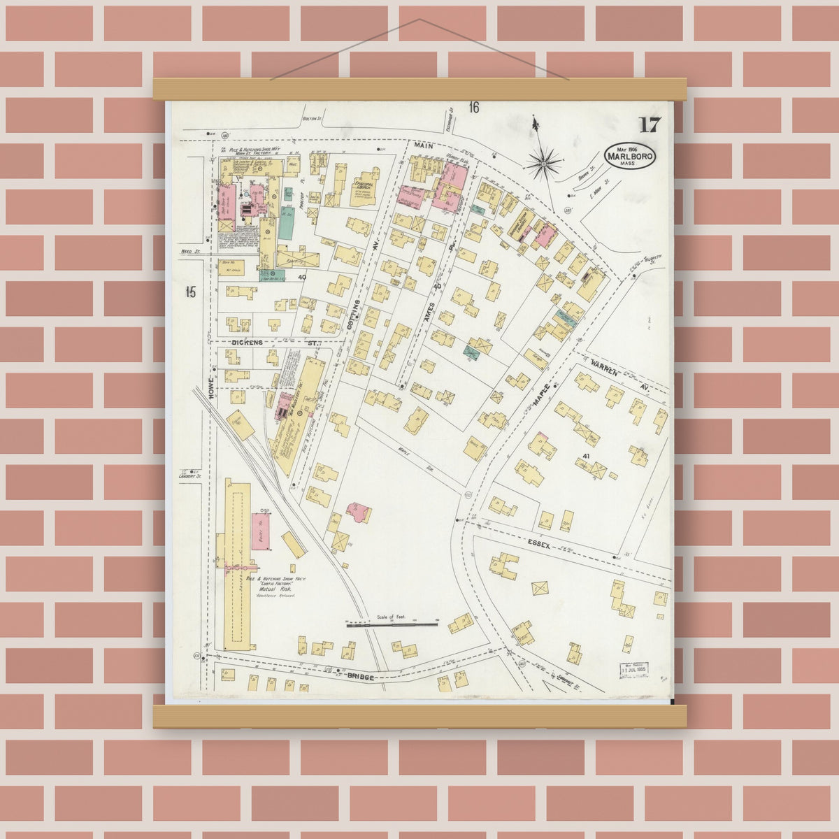 Old map wall art mockup — magnetic wood frame on brick wall — Sanborn Fire Insurance Map from Marlborough, Middlesex County, Massachusetts (1906), Sheet #0017
