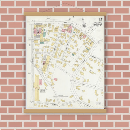 Old map wall art mockup — magnetic wood frame on brick wall — Sanborn Fire Insurance Map from Marlborough, Middlesex County, Massachusetts (1906), Sheet #0017