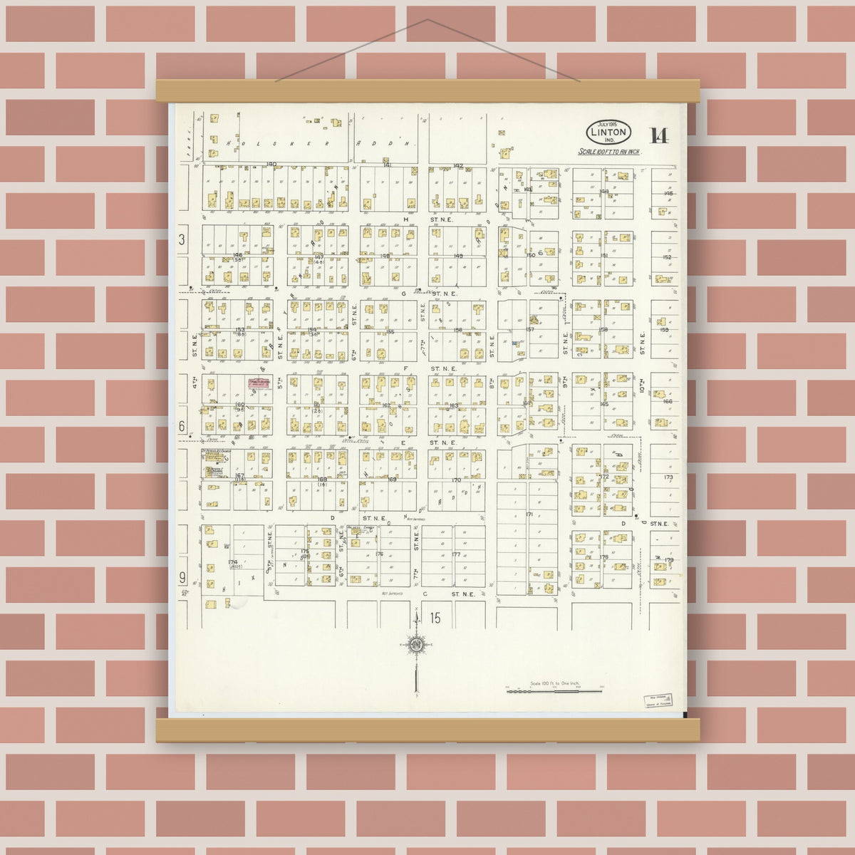 Old map wall art mockup — magnetic wood frame on brick wall — Sanborn Fire Insurance Map from Linton, Greene County, Indiana (1915), Sheet #0014