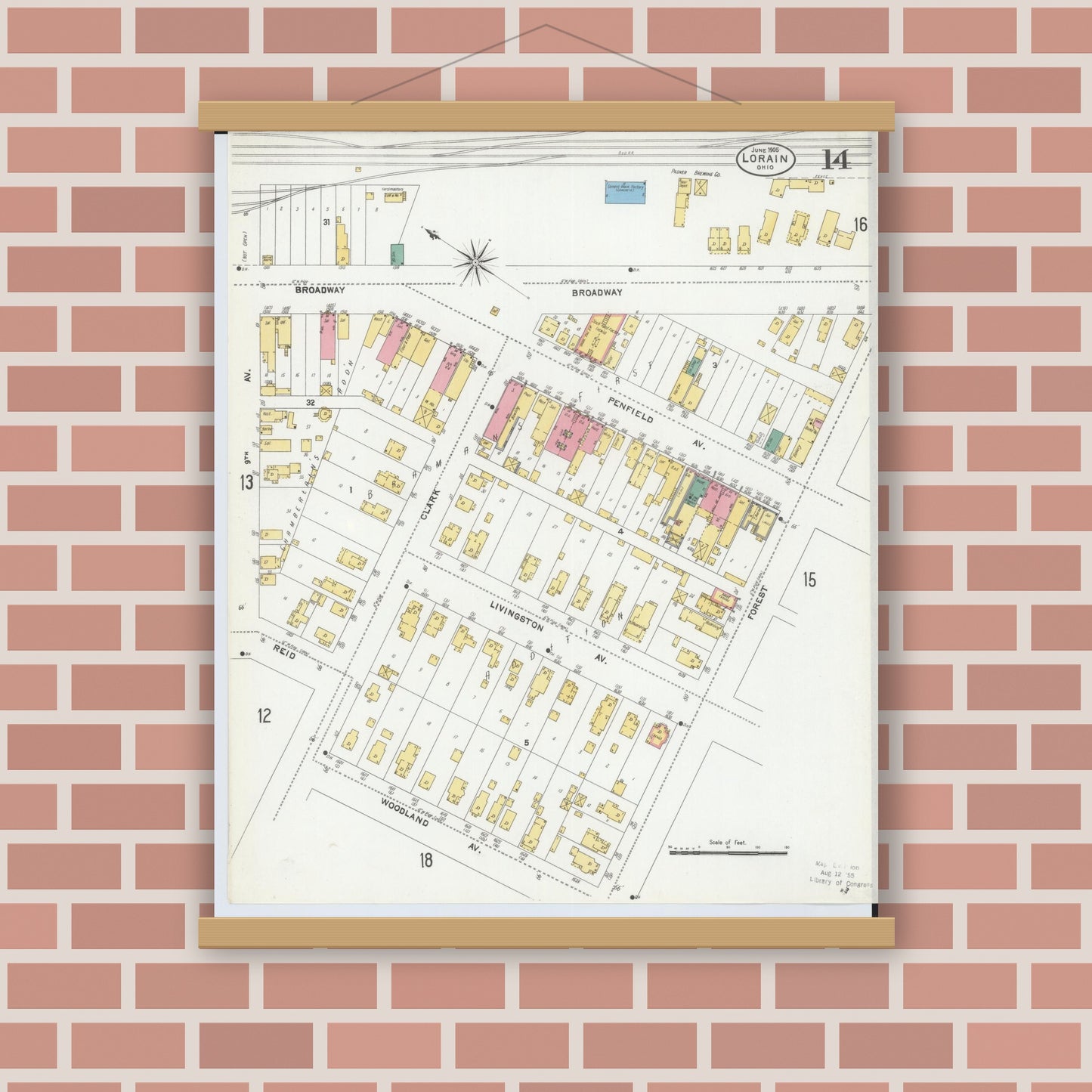 Old map wall art mockup — magnetic wood frame on brick wall — Sanborn Fire Insurance Map from Lorain, Lorain County, Ohio (1905), Sheet #0014