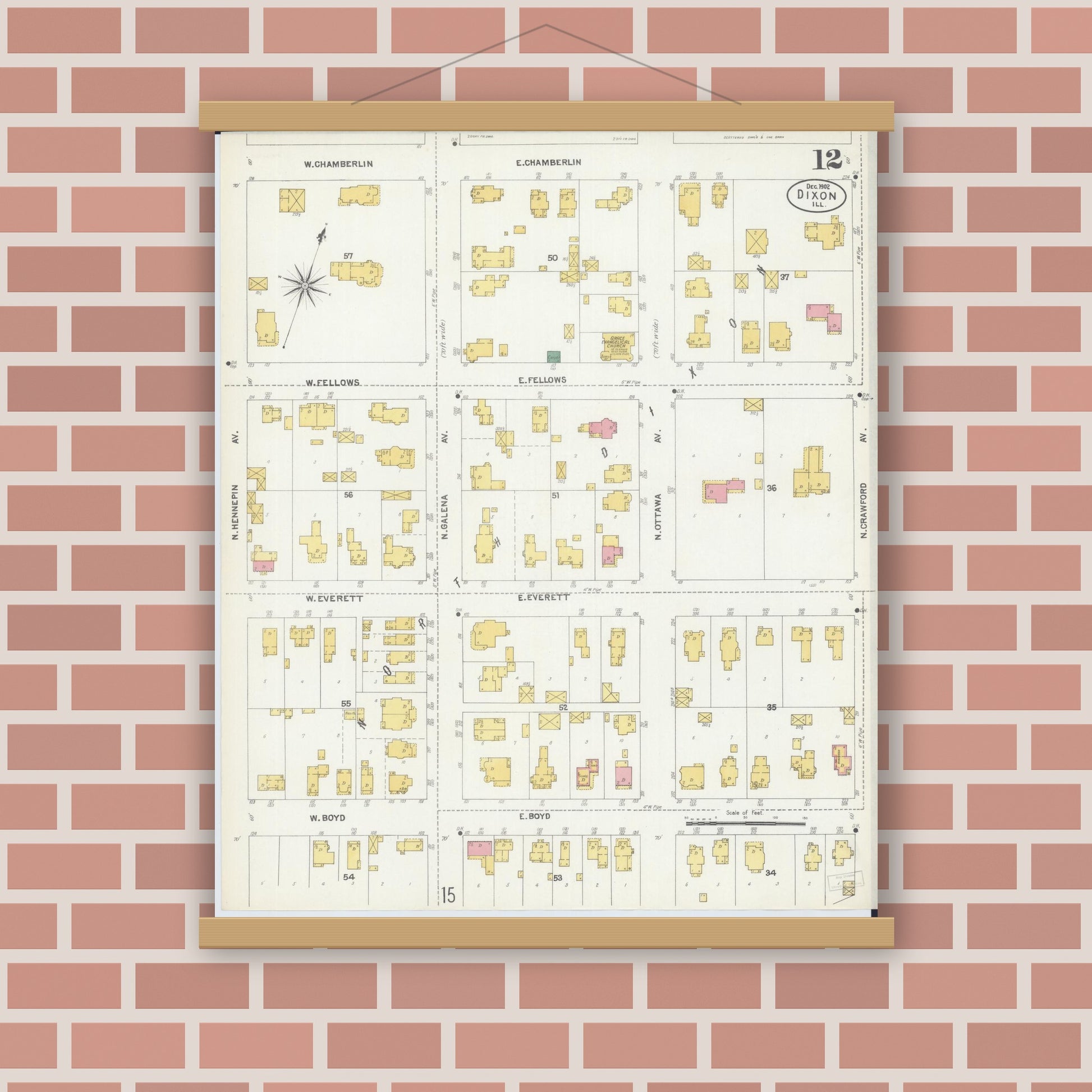 Old map wall art mockup — magnetic wood frame on brick wall — Sanborn Fire Insurance Map from Dixon, Lee County, Illinois (1902), Sheet #0012