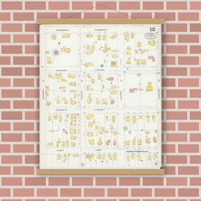 Old map wall art mockup — magnetic wood frame on brick wall — Sanborn Fire Insurance Map from Dixon, Lee County, Illinois (1902), Sheet #0012