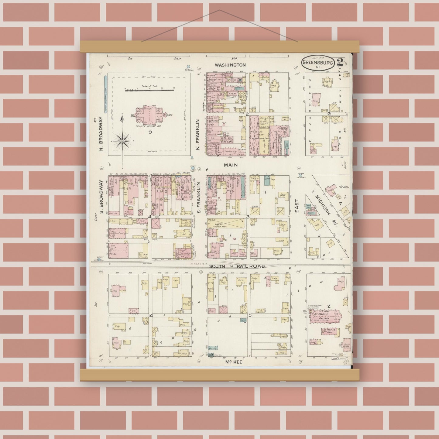 Old map wall art mockup — magnetic wood frame on brick wall — Sanborn Fire Insurance Map from Greensburg, Decatur County, Indiana (1887), Sheet #0002