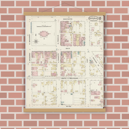 Old map wall art mockup — magnetic wood frame on brick wall — Sanborn Fire Insurance Map from Greensburg, Decatur County, Indiana (1887), Sheet #0002