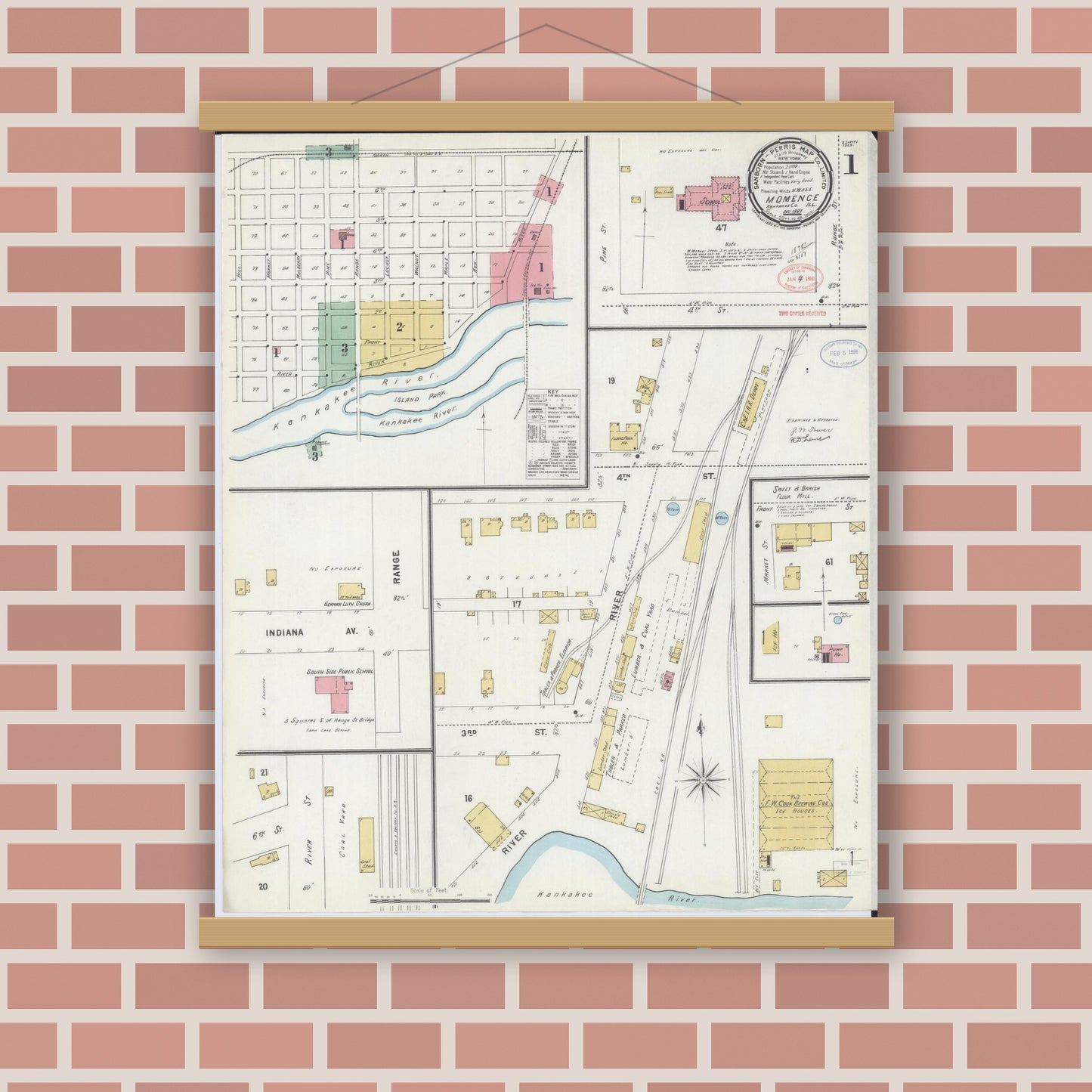 Old map wall art mockup — magnetic wood frame on brick wall — Sanborn Fire Insurance Map from Momence, Kankakee County, Illinois (1897) - Complete Map Set