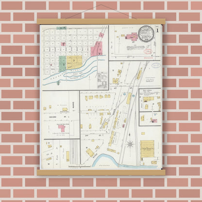 Old map wall art mockup — magnetic wood frame on brick wall — Sanborn Fire Insurance Map from Momence, Kankakee County, Illinois (1897) - Complete Map Set