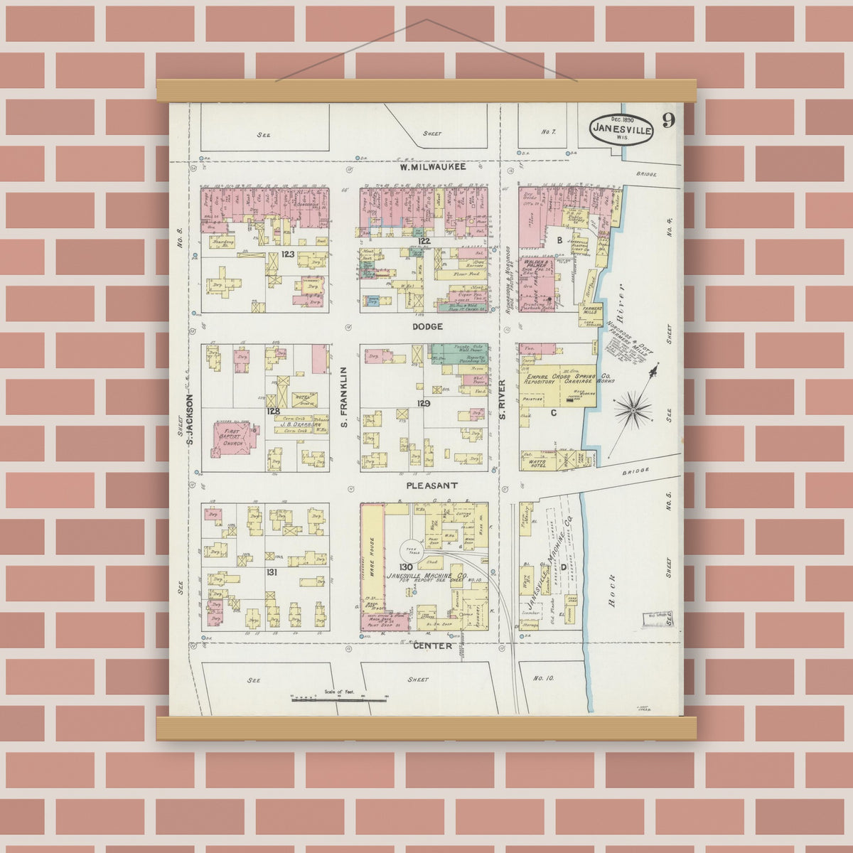 Old map wall art mockup — magnetic wood frame on brick wall — Sanborn Fire Insurance Map from Janesville, Rock County, Wisconsin (1890), Sheet #0009