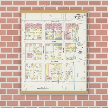 Old map wall art mockup — magnetic wood frame on brick wall — Sanborn Fire Insurance Map from Janesville, Rock County, Wisconsin (1890), Sheet #0009