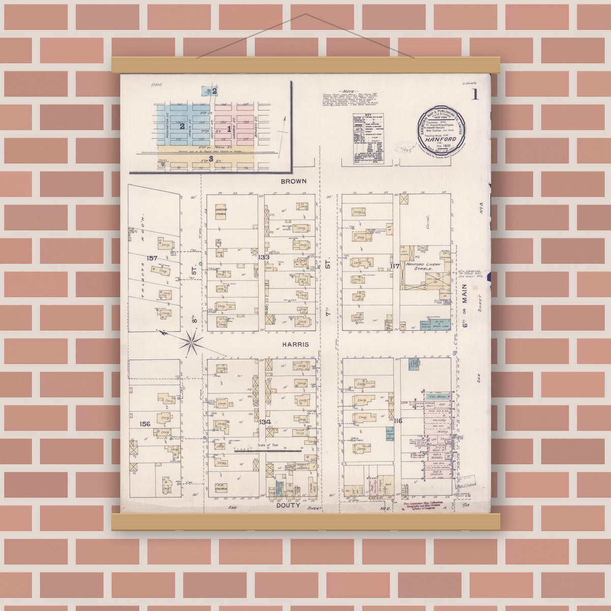 Old map wall art mockup — magnetic wood frame on brick wall — Sanborn Fire Insurance Map from Hanford, Kings County, California (1888) - Complete Map Set