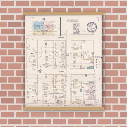Old map wall art mockup — magnetic wood frame on brick wall — Sanborn Fire Insurance Map from Hanford, Kings County, California (1888) - Complete Map Set