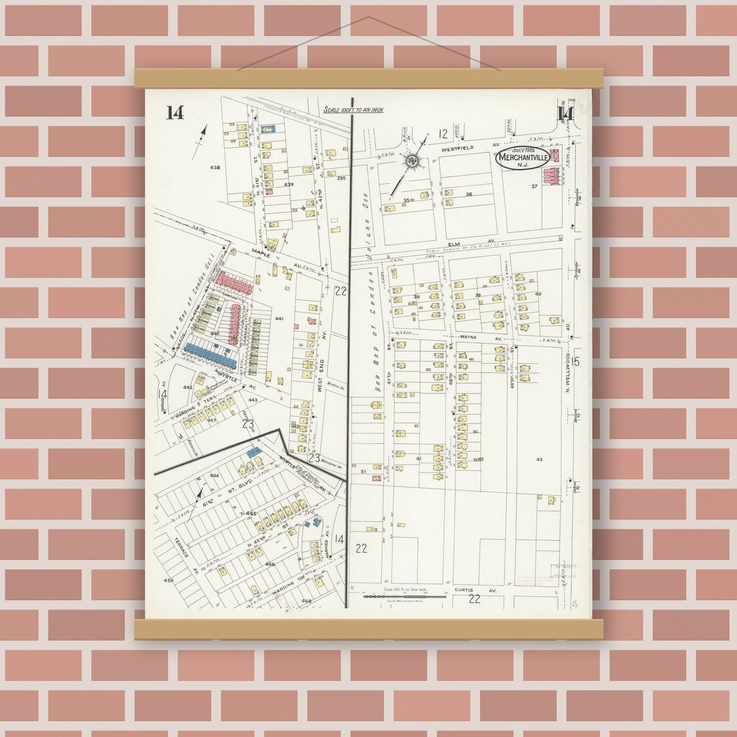 Old map wall art mockup — magnetic wood frame on brick wall — Sanborn Fire Insurance Map from Merchantville, Camden County, New Jersey (1925), Sheet #0014