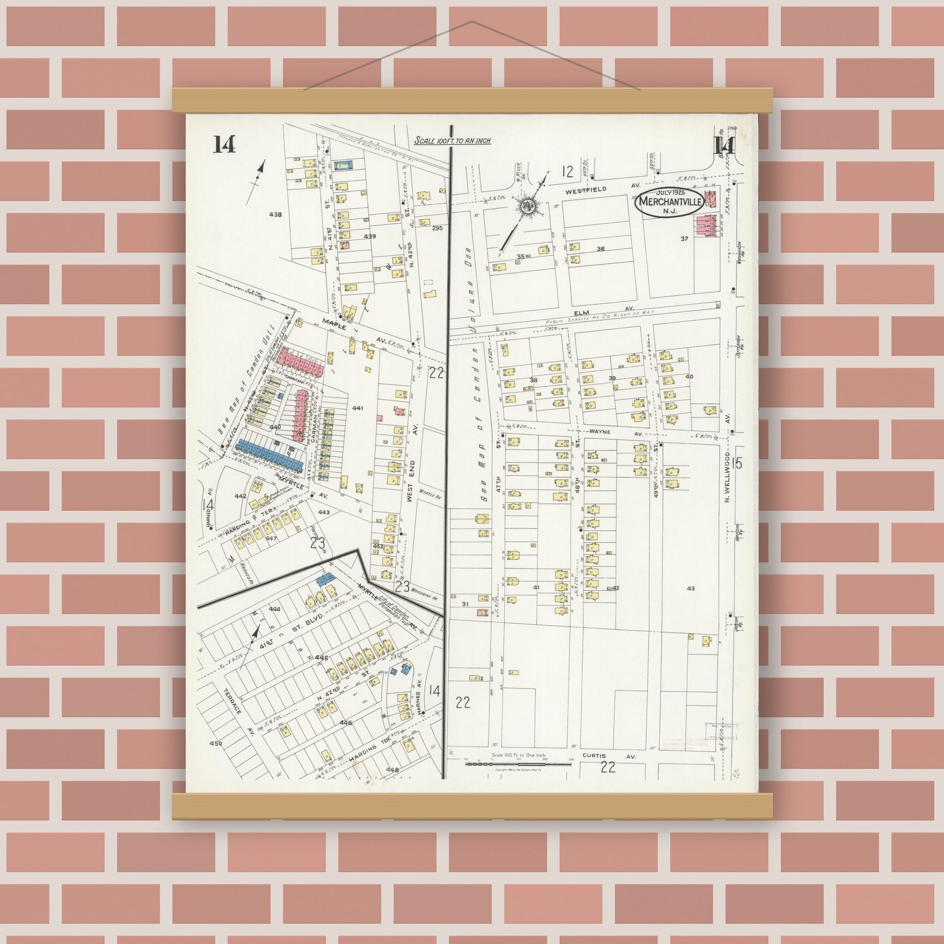 Old map wall art mockup — magnetic wood frame on brick wall — Sanborn Fire Insurance Map from Merchantville, Camden County, New Jersey (1925), Sheet #0014