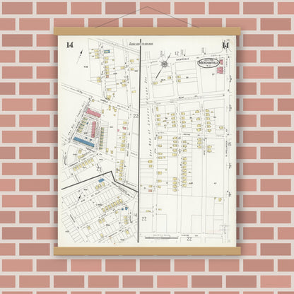 Old map wall art mockup — magnetic wood frame on brick wall — Sanborn Fire Insurance Map from Merchantville, Camden County, New Jersey (1925), Sheet #0014