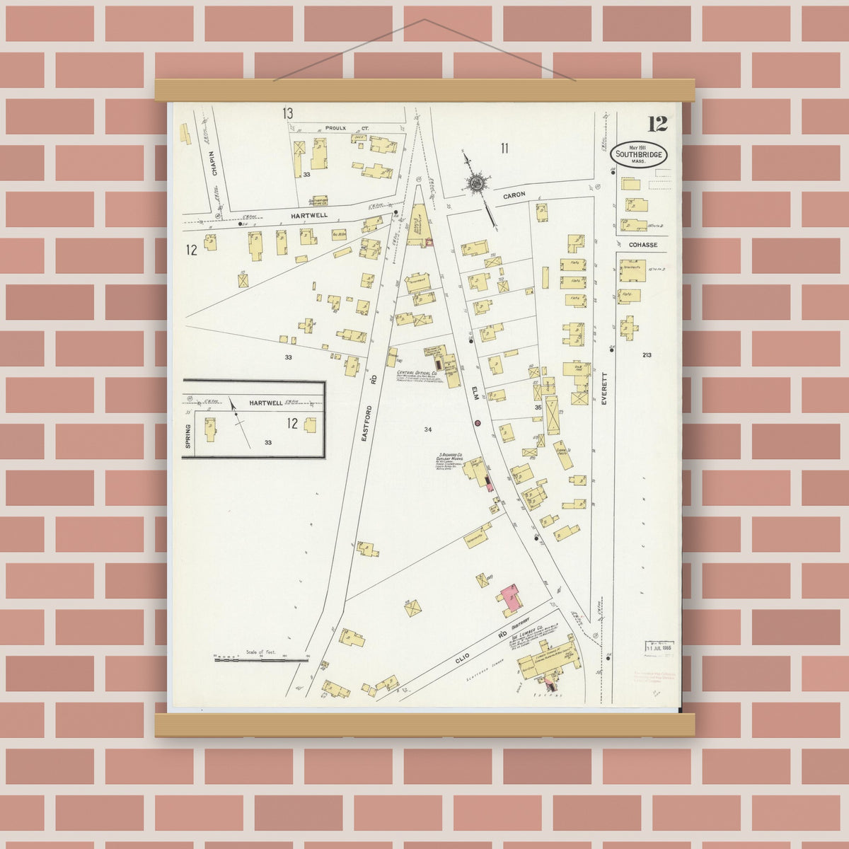 Old map wall art mockup — magnetic wood frame on brick wall — Sanborn Fire Insurance Map from Southbridge, Worcester County, Massachusetts (1911), Sheet #0012