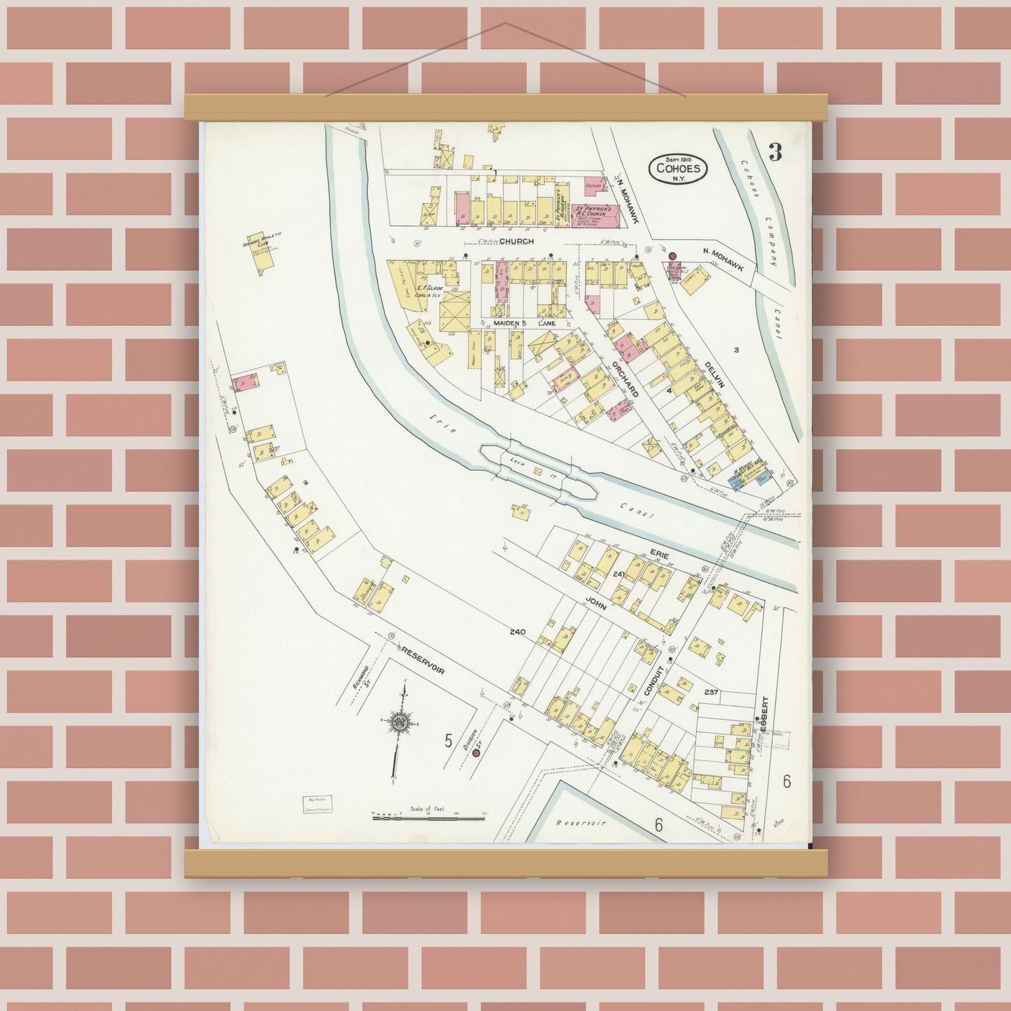 Old map wall art mockup — magnetic wood frame on brick wall — Sanborn Fire Insurance Map from Cohoes, Albany County, New York (1910), Sheet #0003