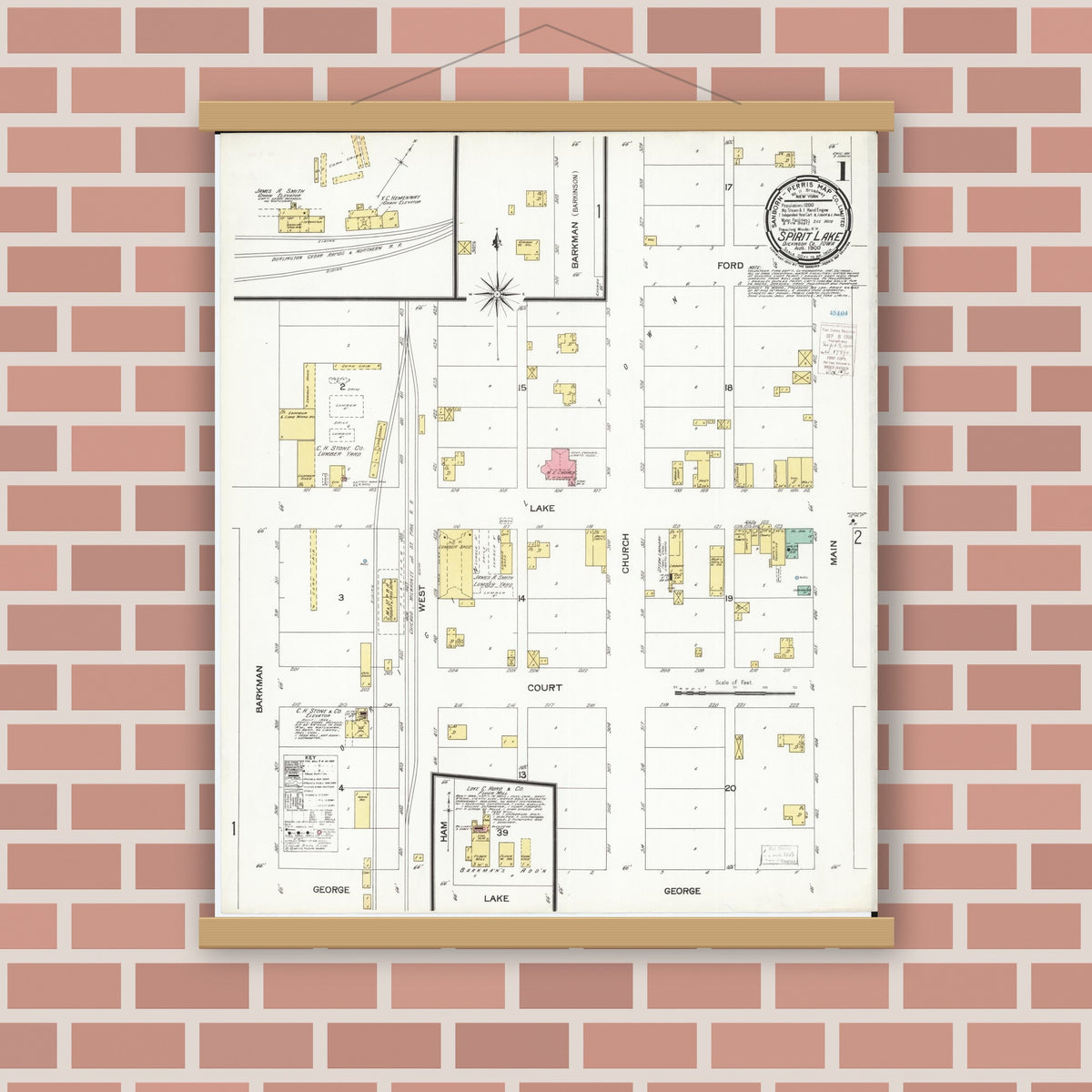Old map wall art mockup — magnetic wood frame on brick wall — Sanborn Fire Insurance Map from Spirit Lake, Dickinson County, Iowa (1900) â€” Complete Set